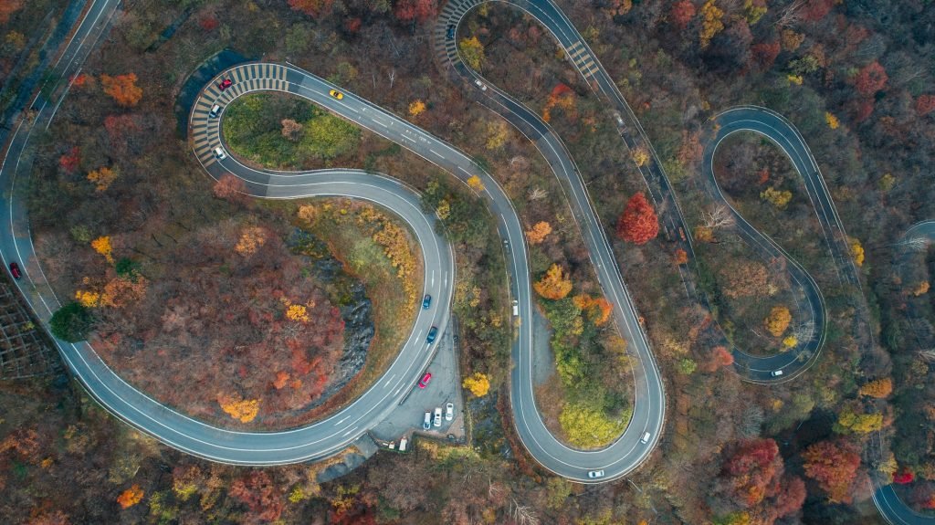 Beautiful curvy street on the Nikko mountain, Japan. Aerial view