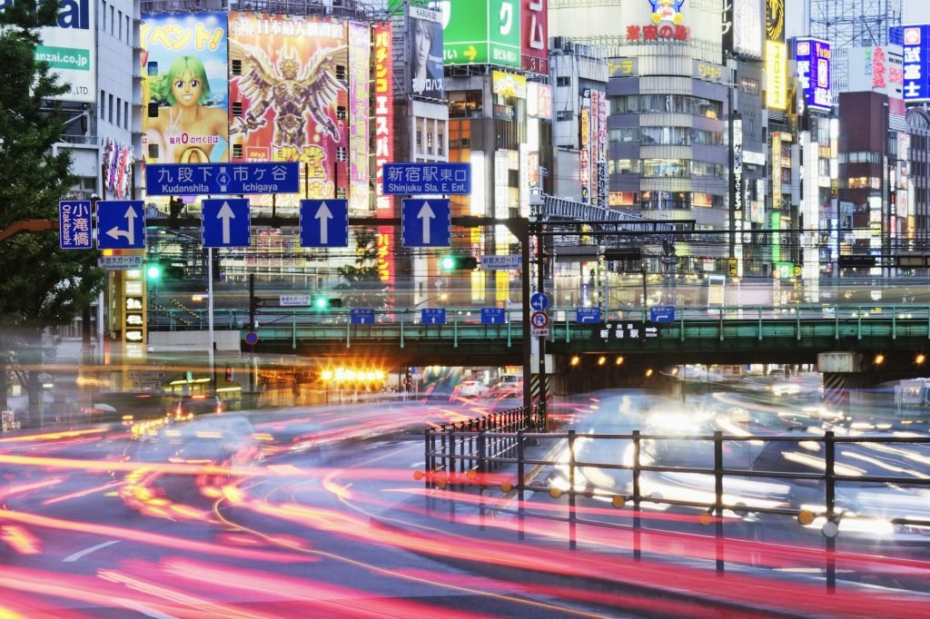 Japanese Downtown Traffic At Dusk